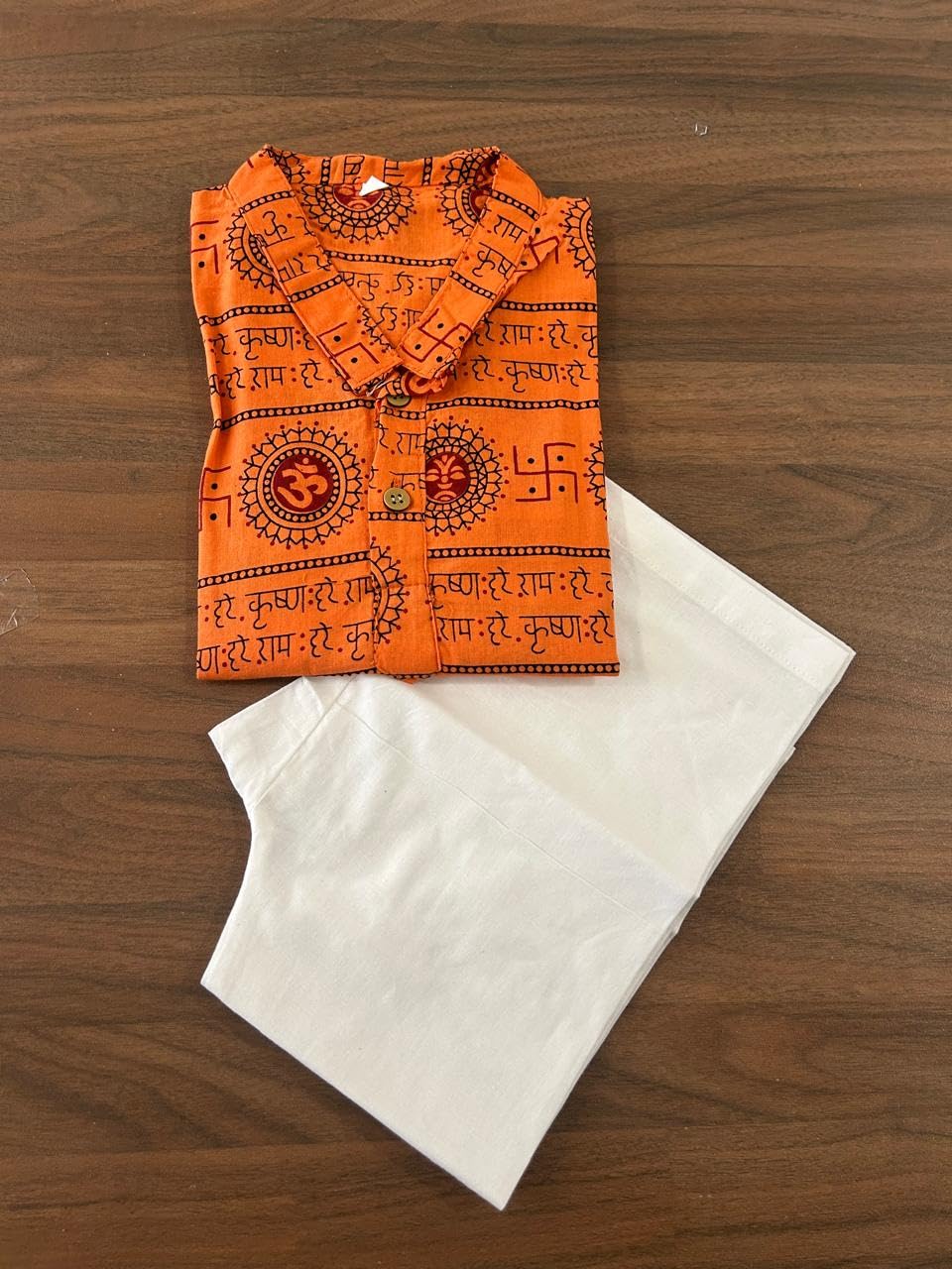 NiAK Boys Om Print Cotton Kurta Pyjama Set, Traditional Festival Ethnic Wear, Full Sleeve (Orange, 2-3 Years) 3
