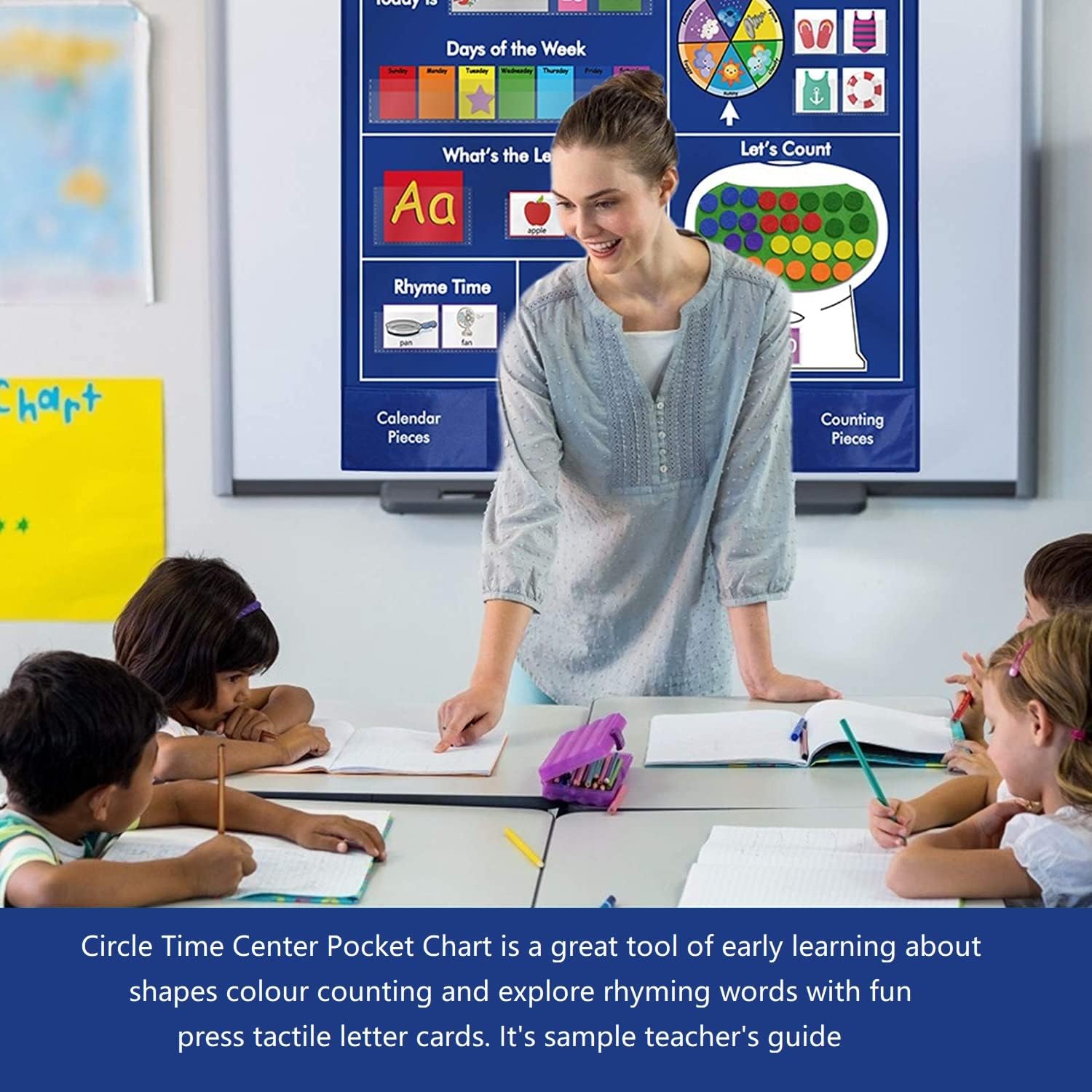 Circle Learning Time Center Pocket Chart Calendar, Educational Pocket Chart - Learning Weather, Calendar, Shape, Color, Number & Letters Rhyme Pocket Chart for Teenagers for Classroom & Home & School