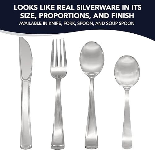 Miniatura 5 de Party Essentials Cubiertos de plástico desechablescubiertos de alta resistencia para todos los eventos, 100 unidades, cuchillos plateados brillantes