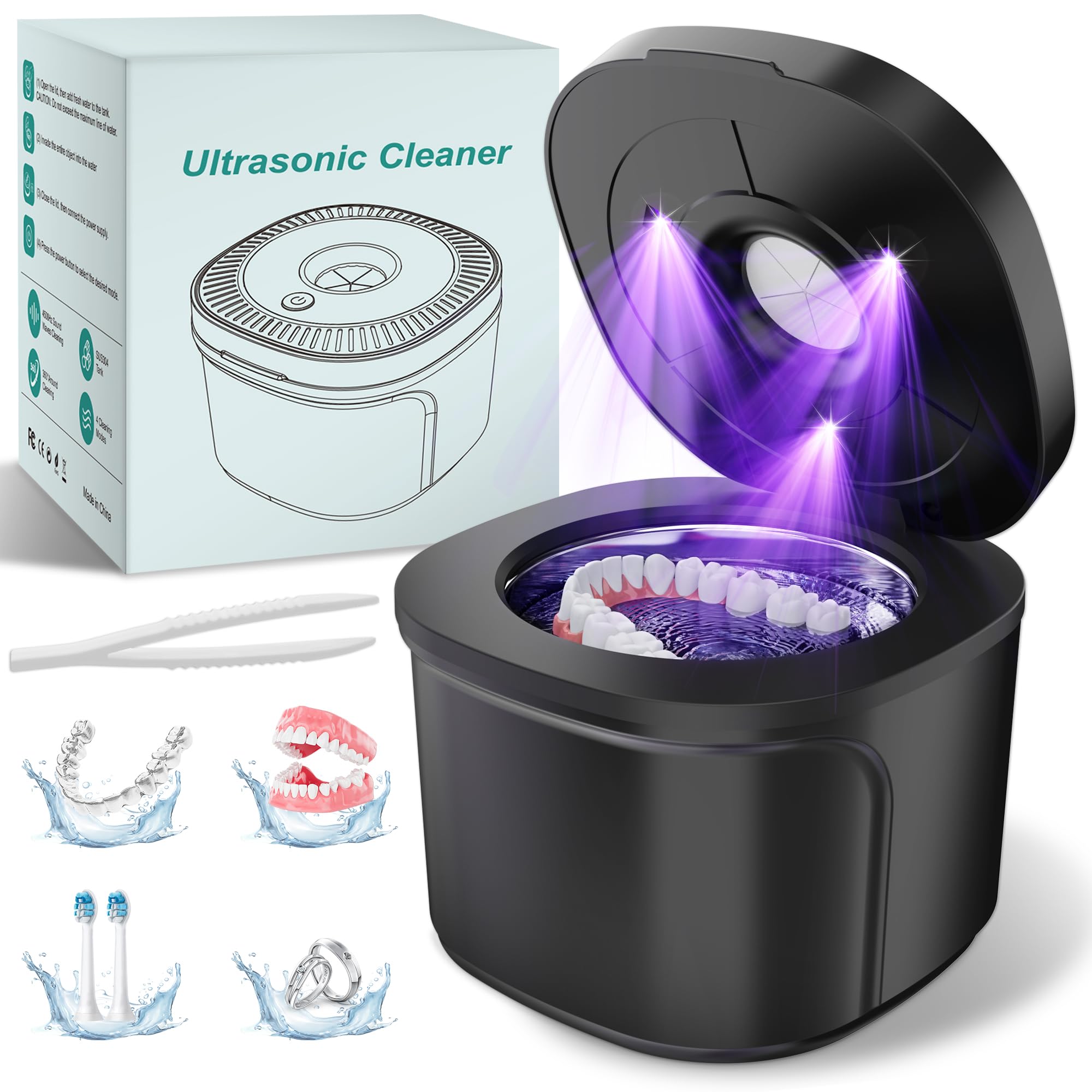 Limpiador ultrasónico de retención, cápsula de limpieza dental con luces U-V, máquina limpiadora de retenedores de 45 kHz para prótesis, cabezales de cepillo de dientes, joyas, alineadores