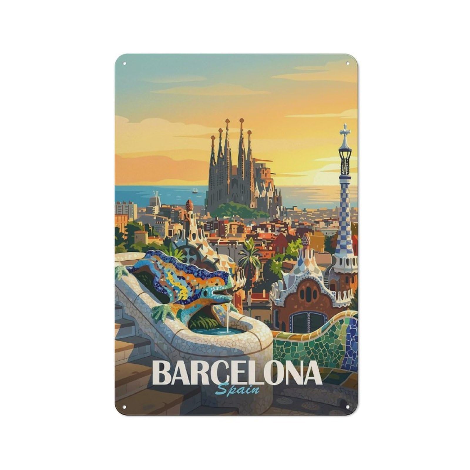 Junmoney Style-20 Barcelona Spain Travel (4) Vintage Metal Wall Decor 30X20cm, Garden Room Metal Sign For Patio Bar, Workshop, Shed Or Kitchen