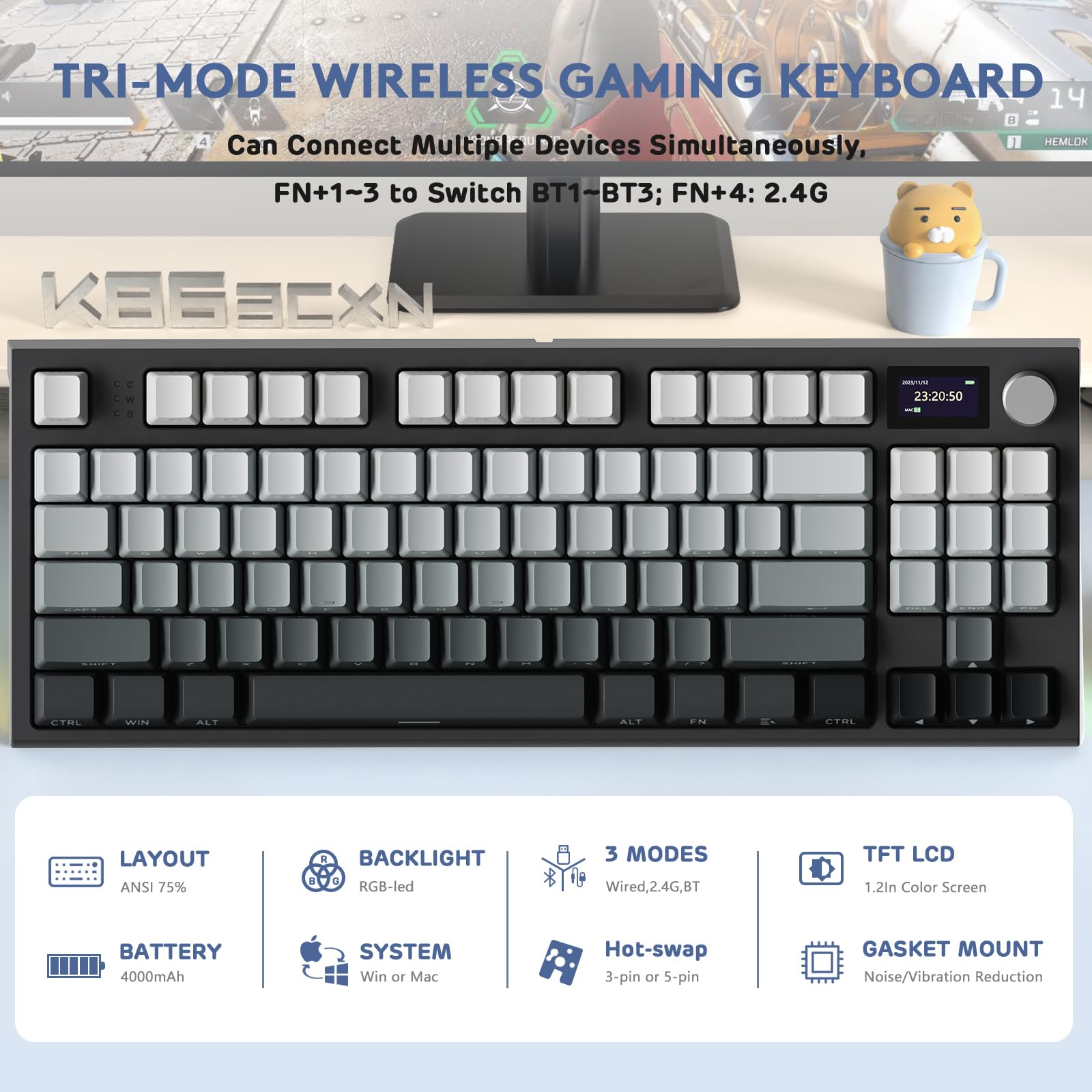 Teclado mecânico RK86 RGB 75% sem fio, Bluetooth de modo triplo
