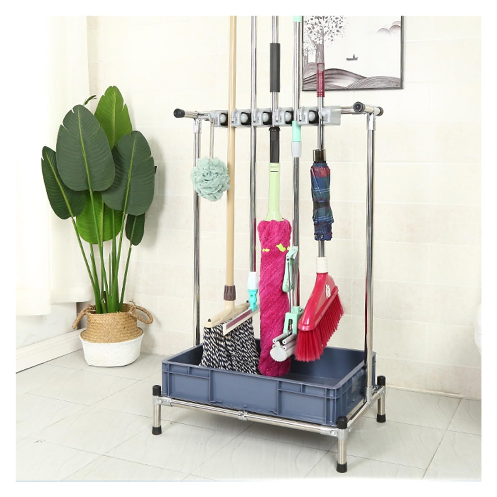 FYIYIEW broom holder, Movable Broom Mop, Hand Trucks, Floor-Mounted Rack(Fi*ed,96 * 42 * 105Cm(20Slots))