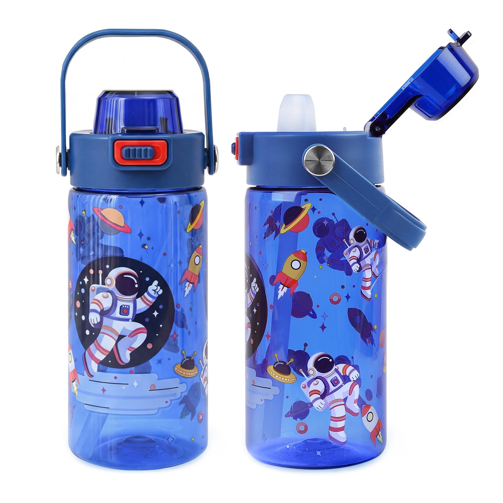alldomess 600ml Kids Water Bottle For School or Travel, Leak-Proof & Dishwasher Water Cup for Girl Boy, Durable Plastic Sport Bottle With Straw and Handle, Astronaut