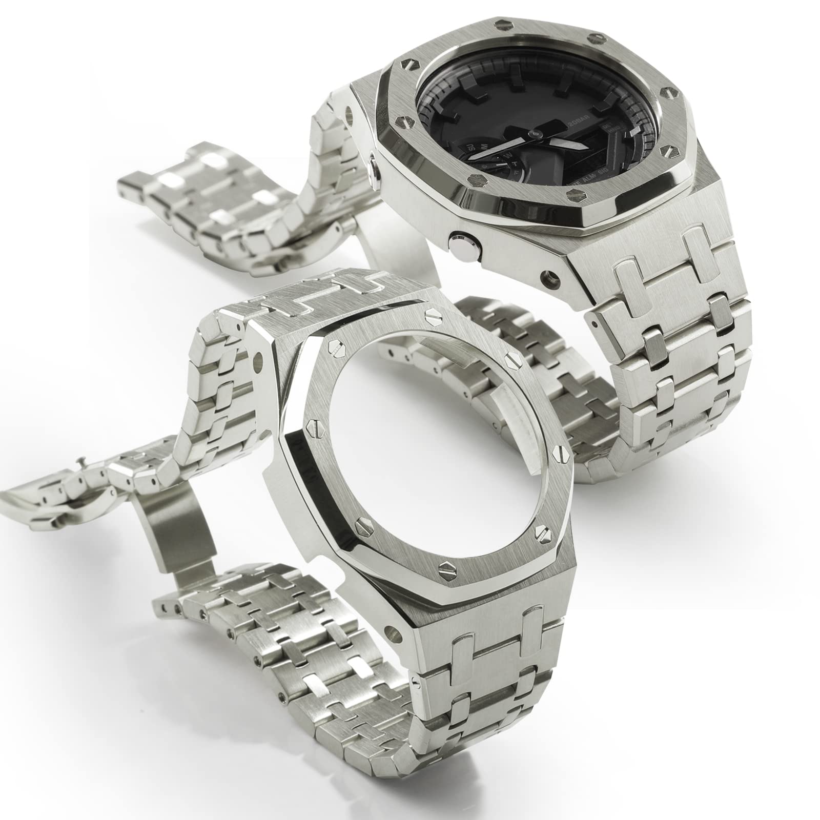 Neuupesen Stainless Steel Watch Case with Metal Band - Compatible with GA-2100/GA-2110/GA-B2100 - Gen. 5 Replacement Accessories (Gen.5, Silver metal set)