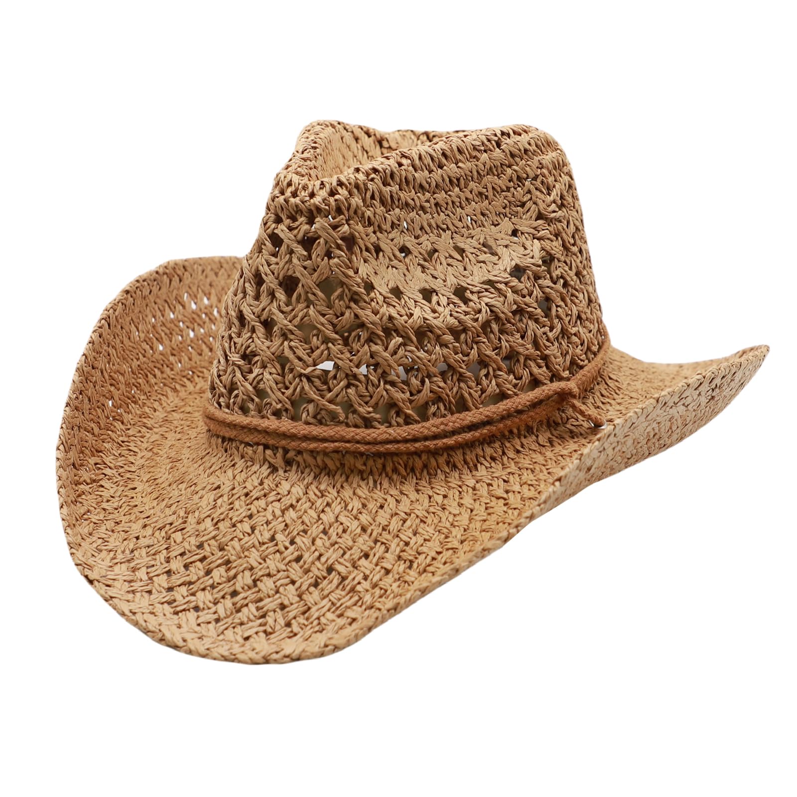 Straw Cowgirl Hat for Women Cowboy Hats for Men Wide Brim Sun Hat Shapeable Western Hat Beach Hat (US, Alpha, Medium, Z-Brown)