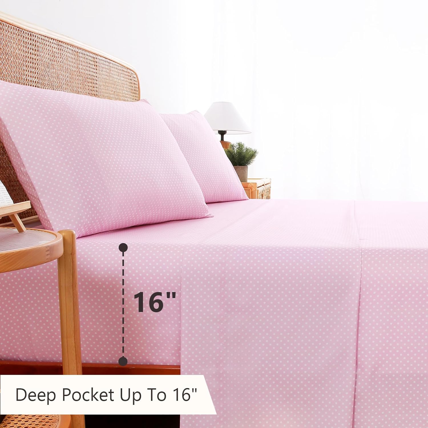 MCO 4Pieces Polka Dot Sheets Set, Breathable King Sheet Set with 16" Deep Pocket, Modern & Luxury, Brushed Microfiber Bedding Set(King, Polkadot Pink)