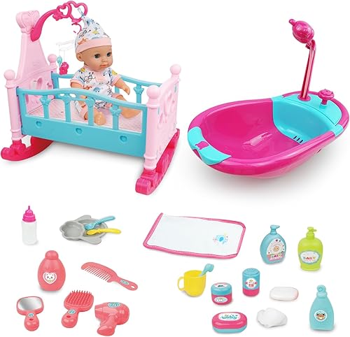RedCrab Juego de muñecas de bebé de 12 pulgadas, juego de baño y cama para recién nacidos, coctelera y bañera 2 en 1 con spray de ducha y 25