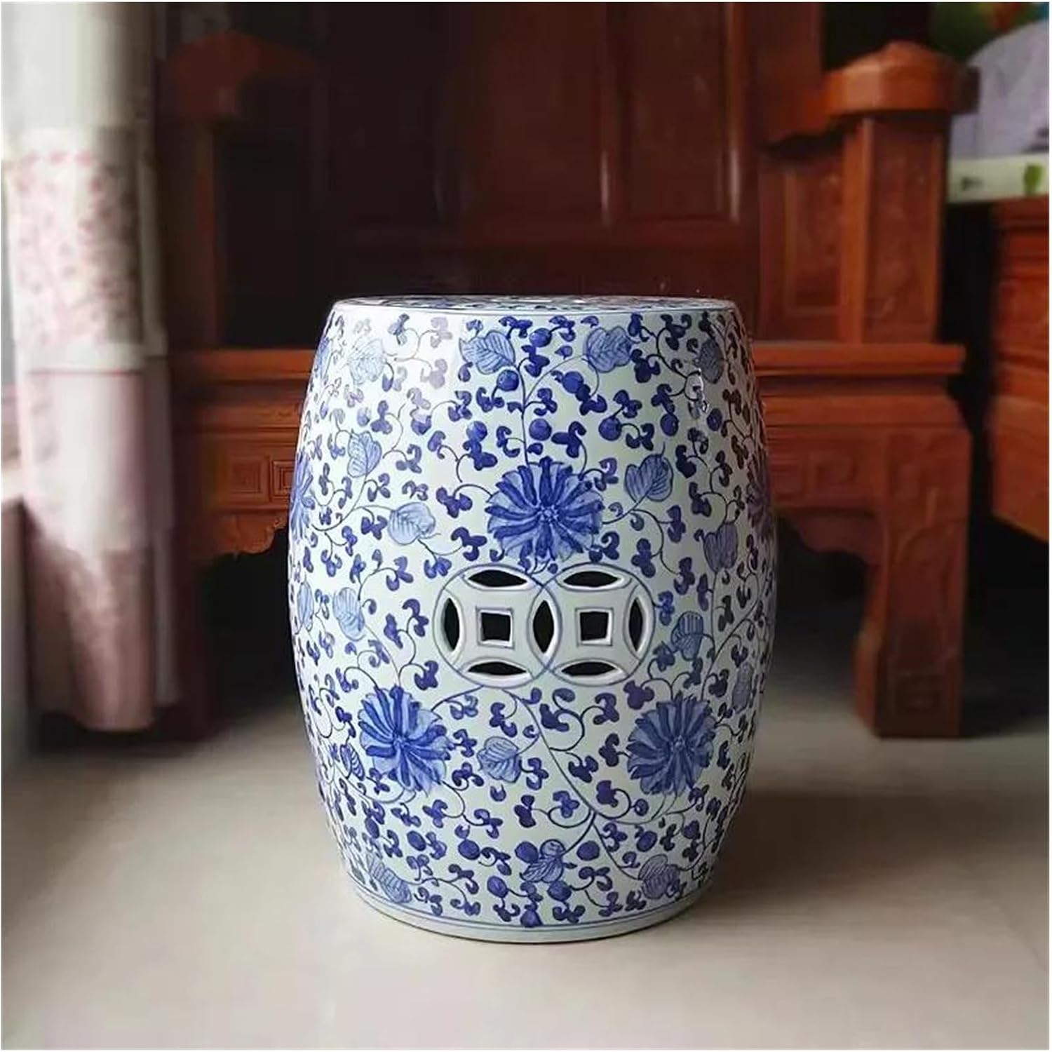 Decorative Garden Stools, Chinese Antique Blue and White Ceramic Phoenix Rich Peony Drum(B)