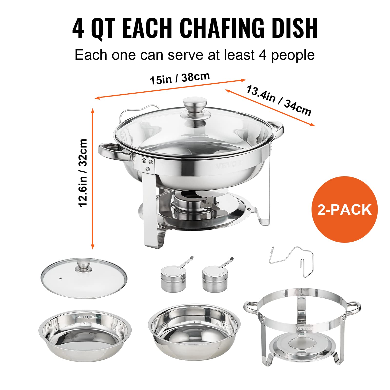 VEVOR Chafing Dish Buffet Set, 4 Qt 2 Pack, Stainless Steel Chafer w/ 2 Full Size Pans, Round Catering Warmer Server w/Vented Glass Lid Water Pan Stand Fuel Holder Hook Spoon, at Least 4 People Each