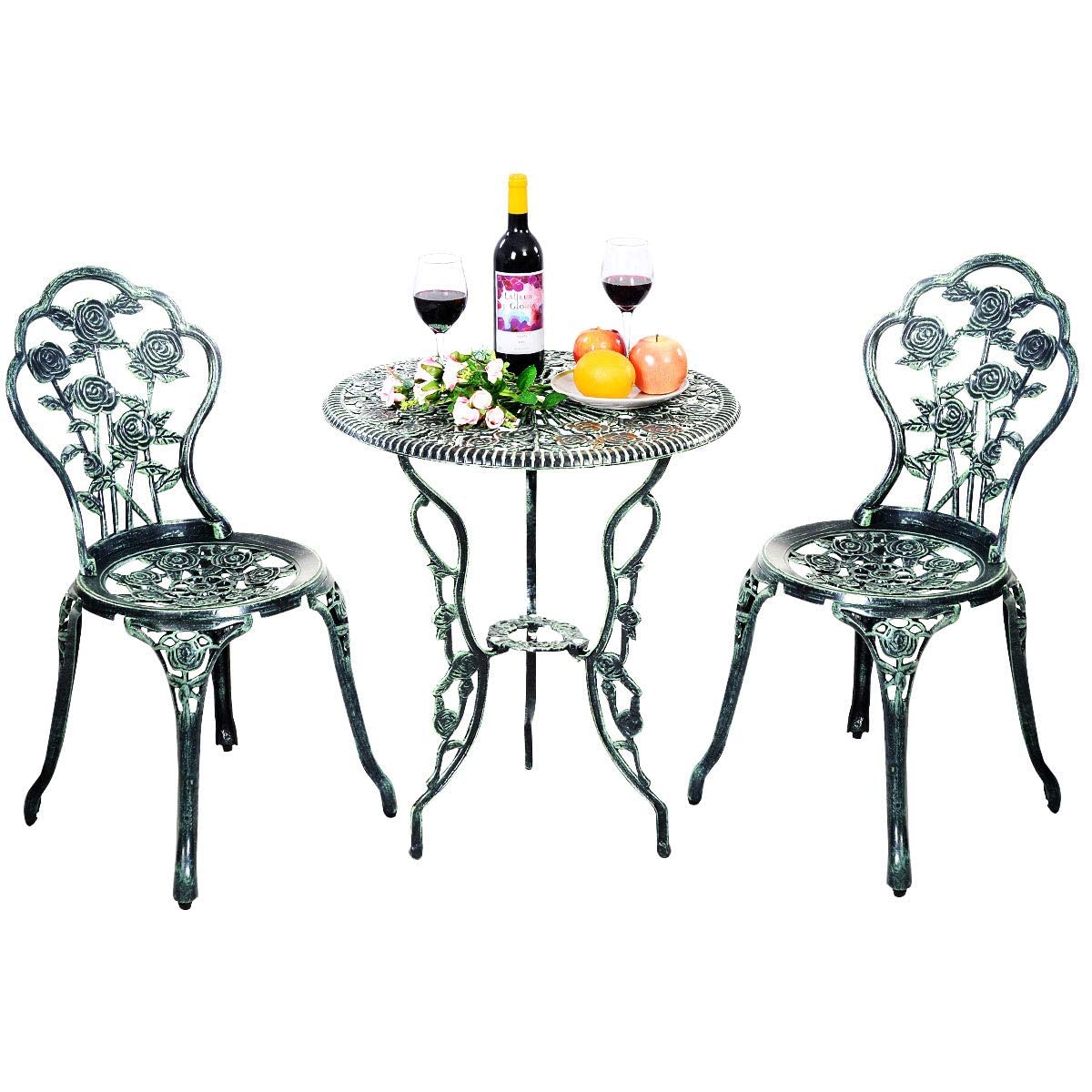 RELAX4LIFE Tavolo da Giardino con Sedie, Set da Giardino 3 Pezzi in Alluminio e Ghisa, Tavolo da Giardino con Foro per Ombrello, Tavolino Rotondo e 2 Sedie, per Balcone, Piscina, Cortile (Modello 2)