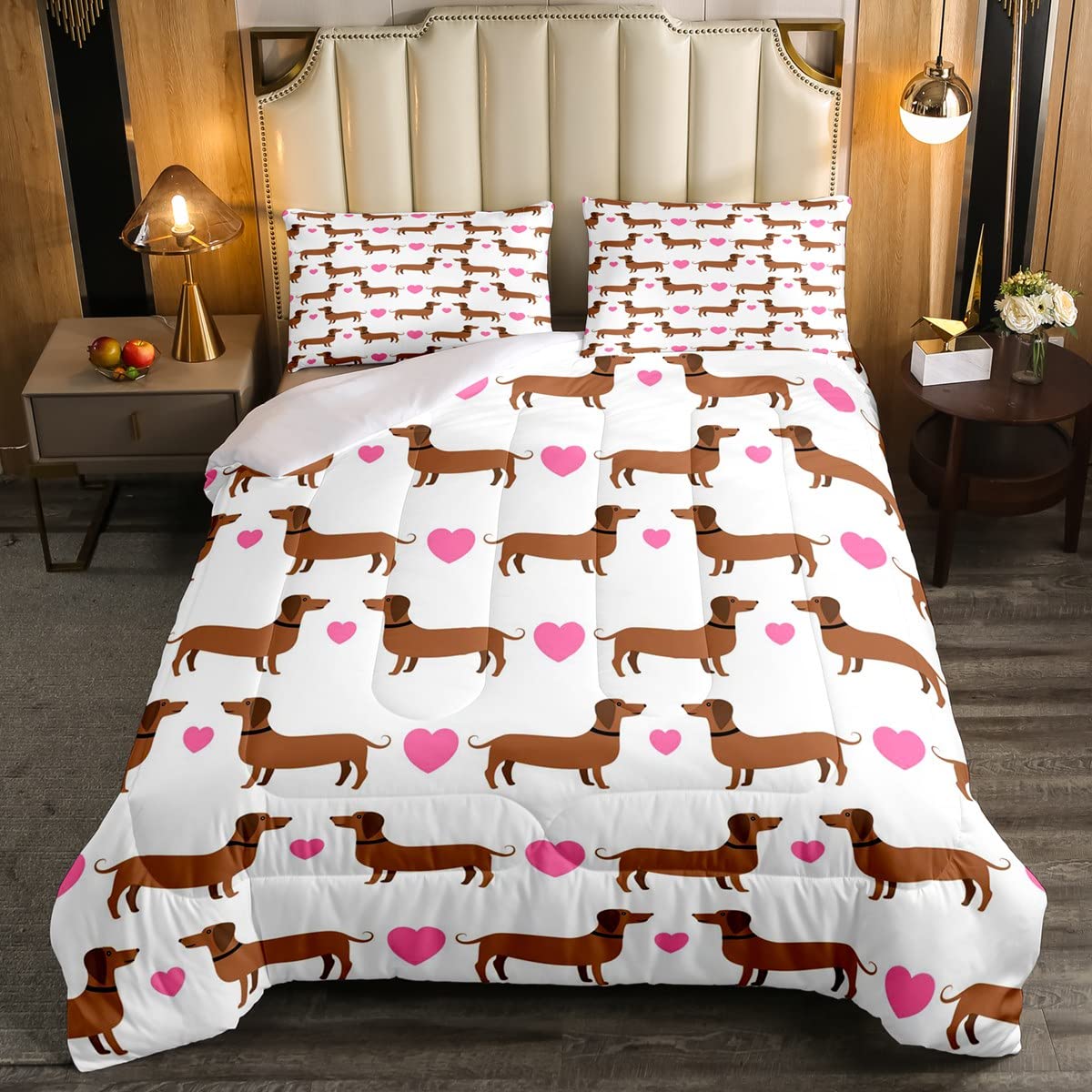 Cute Dog Bedding Set Cartoon Dachshundn Duvet Set for Kids Boys Girls Pet Puppy Dog Lover Heart Brown Pink 2Pcs Single