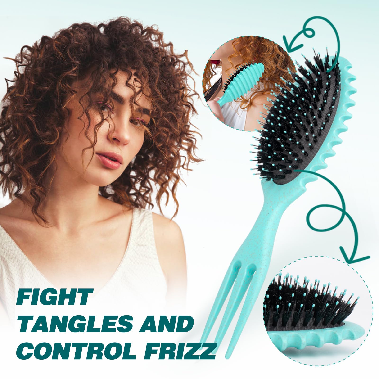 Cepillo de definición de rizos verdes para cabello rizado, cepillo de peinado y desenredante con peine para cabello rizado; incluye herramienta de peinado adicional; fibra vegana y cerdas de jabalí