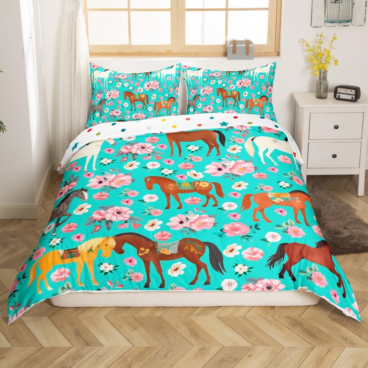 jejeloiu Horse Bedding Set Western Cowboy Cowgirls Duvet Cover for Kids Boys Girls Farmhouse Comforter Cover Rustic Rose Floral Bedspread Cover with 1 Pillowcase 2Pcs Bedding Toddler,No Comforter