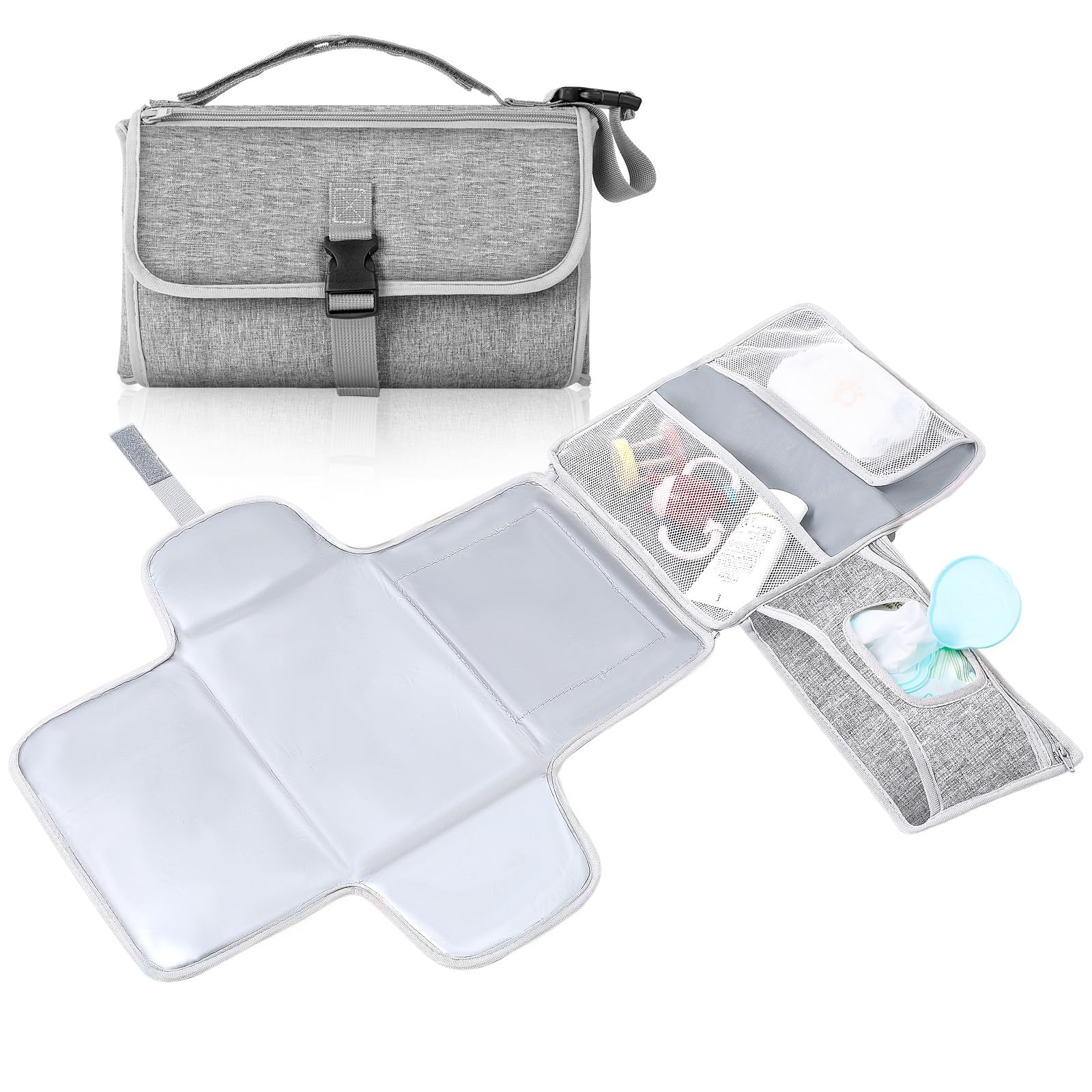 Romon Fasciatoio Portatile, Fasciatoio Viaggio Pieghevole Impermeabile Borsa Materassini Composta da 4 Tasche Insieme a un Dispenser di Salviette, Accessori Utili, Grigio