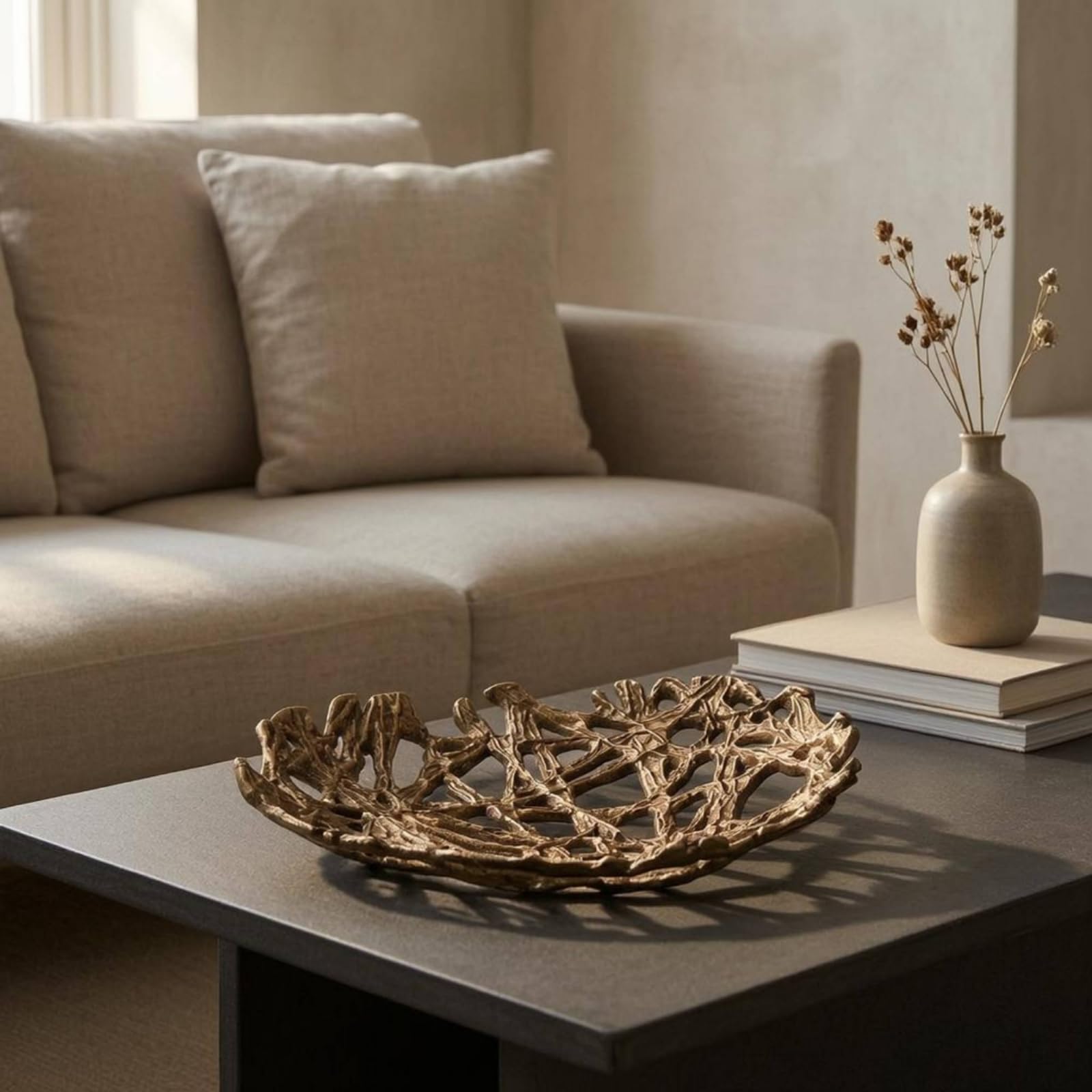 Vassoio Decorativo Alluminio Pressofuso Naturale Superficie Lavorata Arieggiata Organizer da Tavolo O Porta Frutta Decorativo Adatto per Consolle, Bronzo Nero Antico, Grande