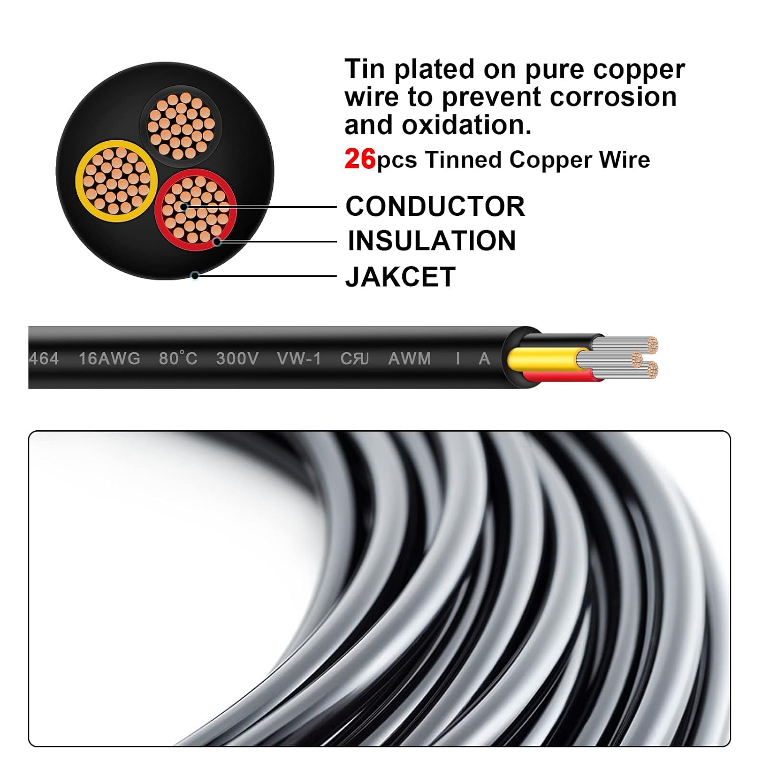 16 Gauge 3 Conductor Wire, 33FT Stranded Tinned Copper Wire, Flexible 16/3 Wire for LED Strips Lamps Lighting Marine Automotive (16AWG, 33FT)