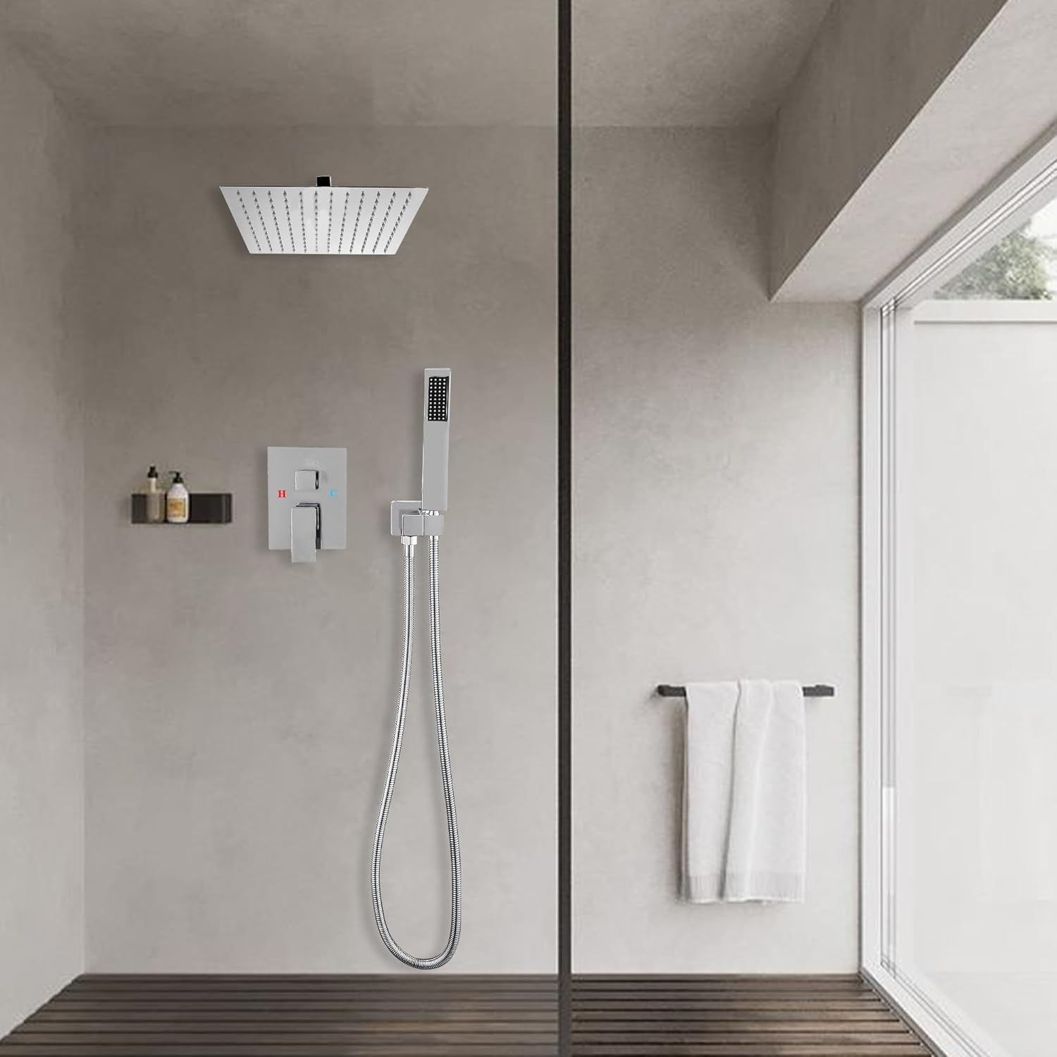 Polished Chrome Shower Faucet GGStudy Shower Trim Kit with Rough-in Valve Shower Set Bath Rainfall Shower Faucet System 10inch Square Stainless Steel Metal Shower Heads with Handheld Spray