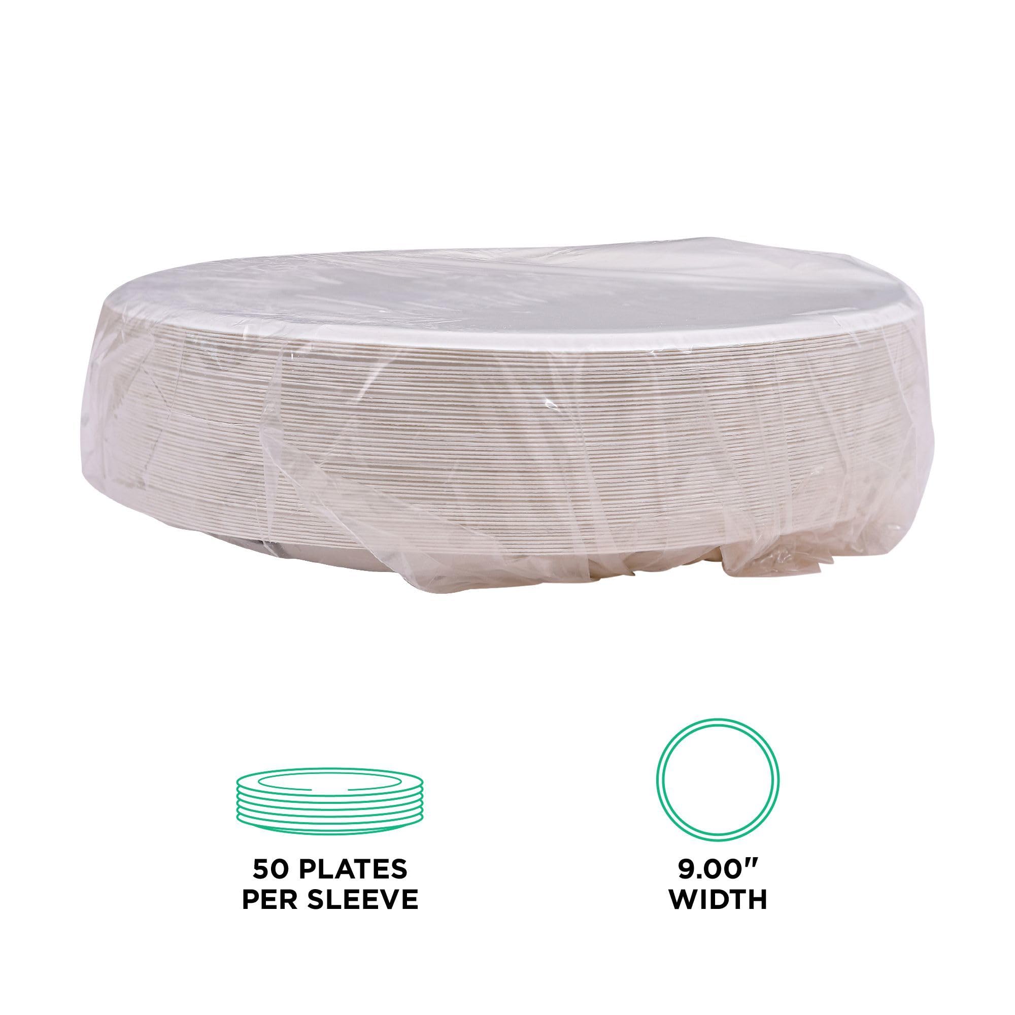 ECO PRODUCTS Platos de papel compostables Vanguard de 9 pulgadas, caja de 500, fibra moldeada blanca desechable de 3 compartimentos, redondos, sin árboles, sin PFAS, cumple con ASTM, certificado BPI