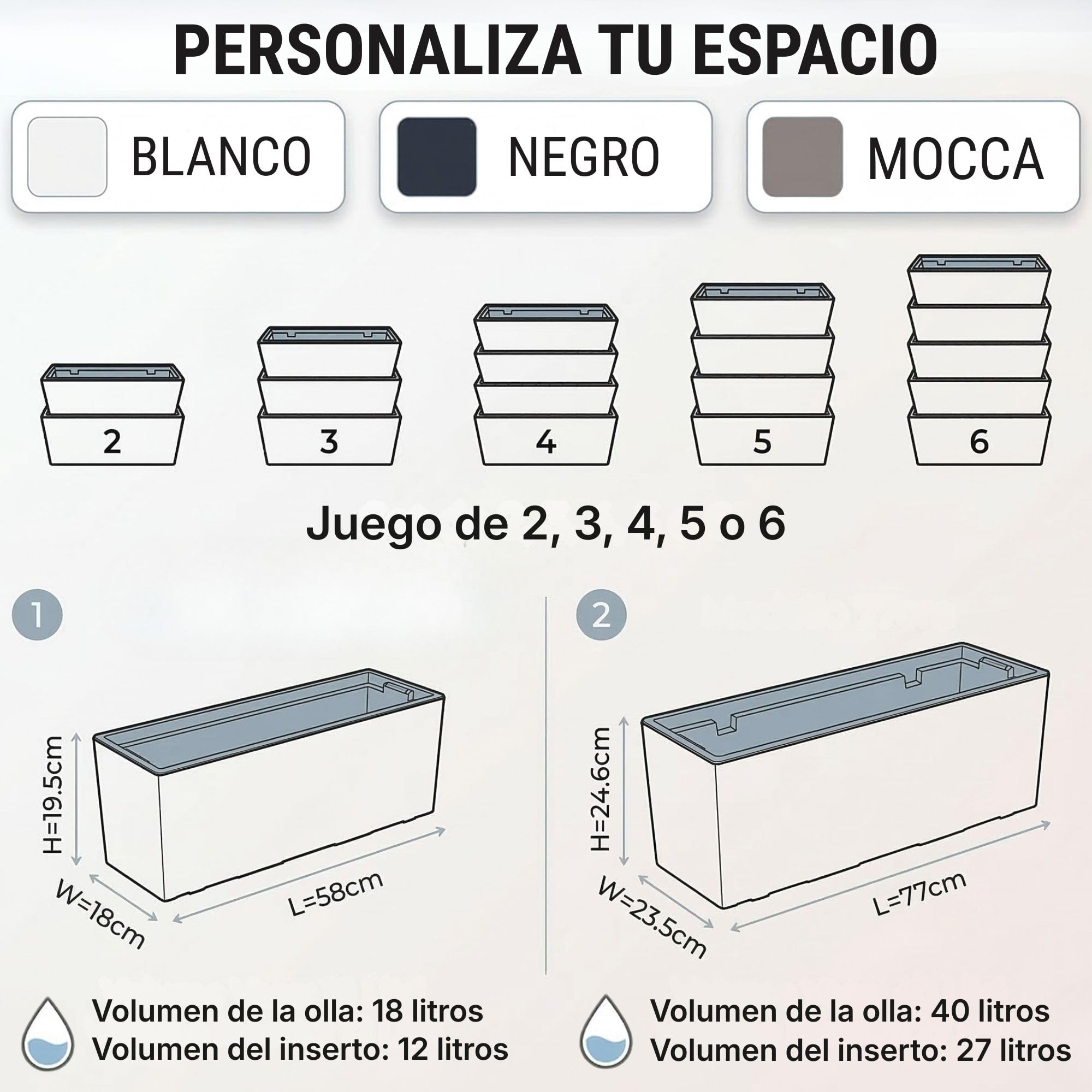 IMJ-Global - 3 Jardineras Exterior Grandes 77x23,5x24,6cm, Macetas Exterior Grandes 40 Litros (Inserto de 27 Litros) Jardinera Decorativas para Interior en Plástico Resistente a la Intemperie (Blanco)