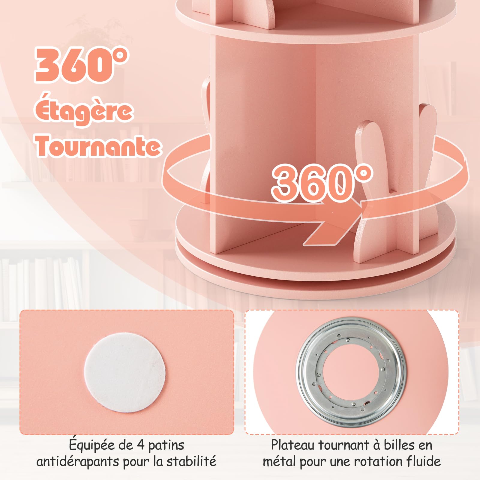 GOPLUS Bibliothèque Enfant, 65CM Bibliothèque à 2 Niveaux avec Serre-Livres Lapin/Ourson, 8 Compartiments, Étagère à Livres Pivotante à 360°, pour Chambre d'enfant, Salle de Jeux (Rose)