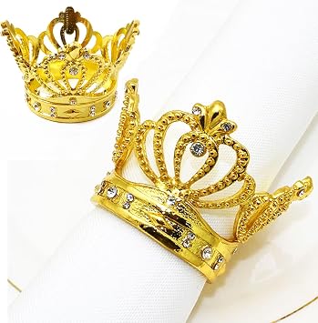Lelehome Set of 6 Gold Crown Napkin Rings Rhinestone Pearl Wedding Bridal Birthday Party Anniversary Dinner Table Settings Decoration