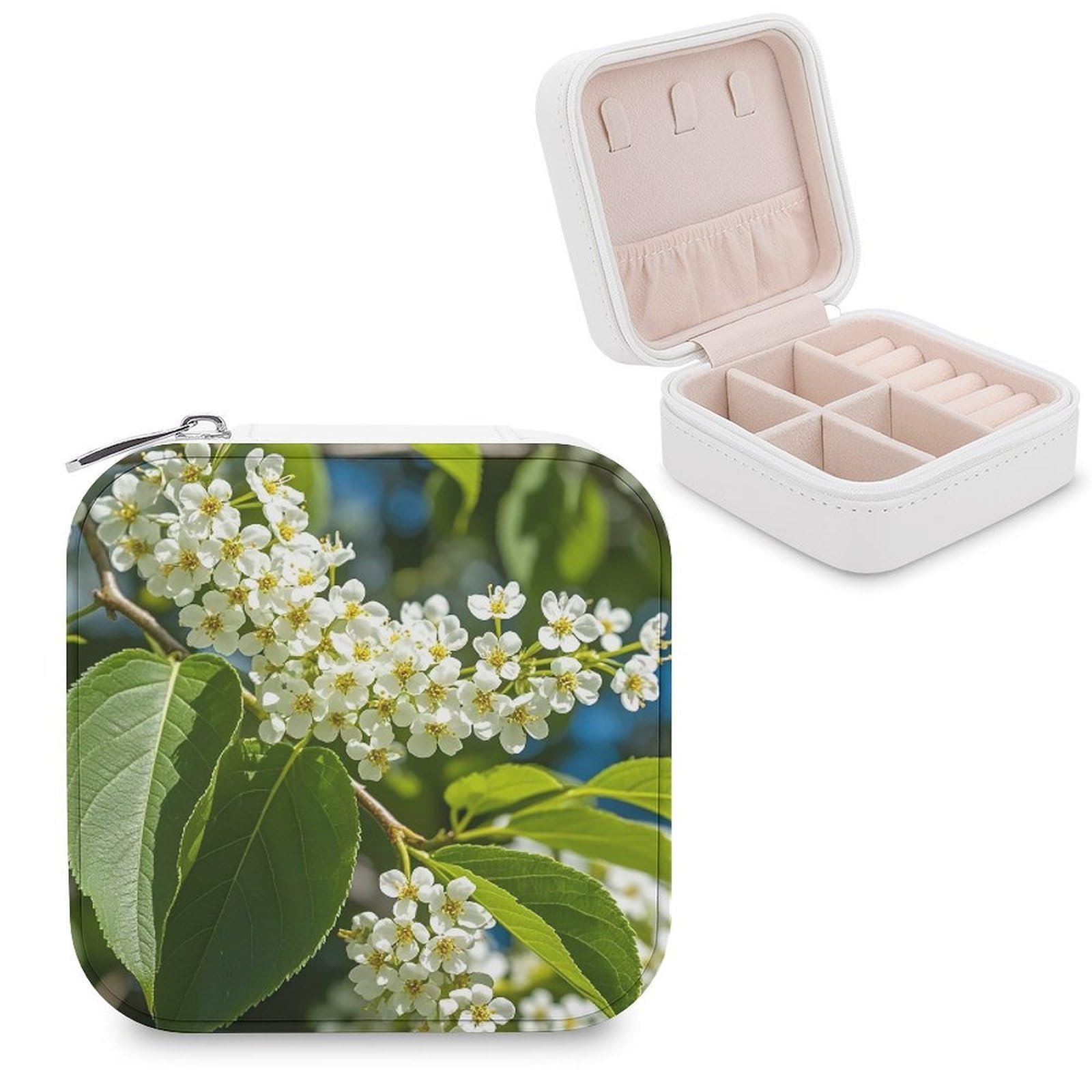 LZQPOEAS Bird Cherry in Bloom Jewelry Box Mini Jewelry Travel Case Trendy Stuff Ring Box Custom PU Leather Jewelry Boxes Portable Jewelry Case Earring Storage Organizer for Girls Women