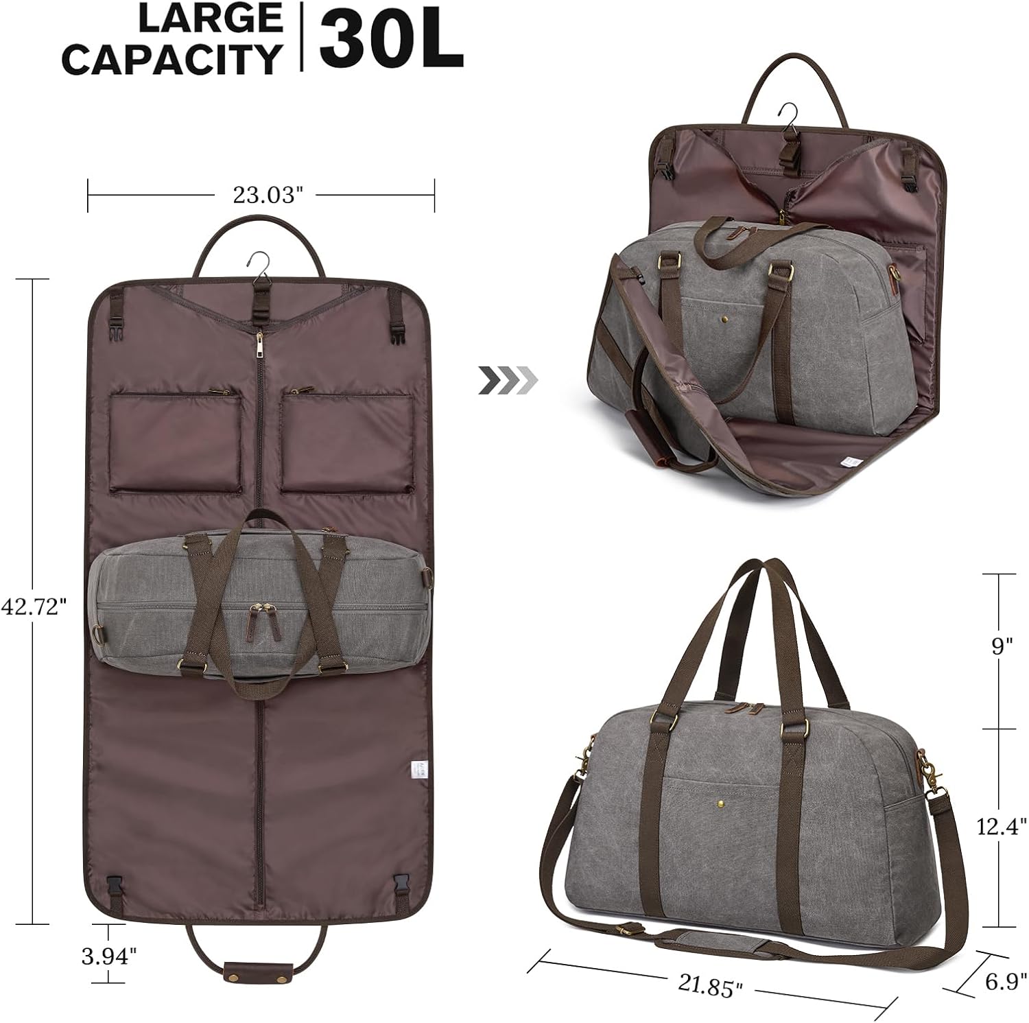 S-ZONE Canvas Travel Garment Duffle Bag Suit Bags for Men Women Travel 2 in 1 Large Carry On Weekend Hanging Clothes Suitcase