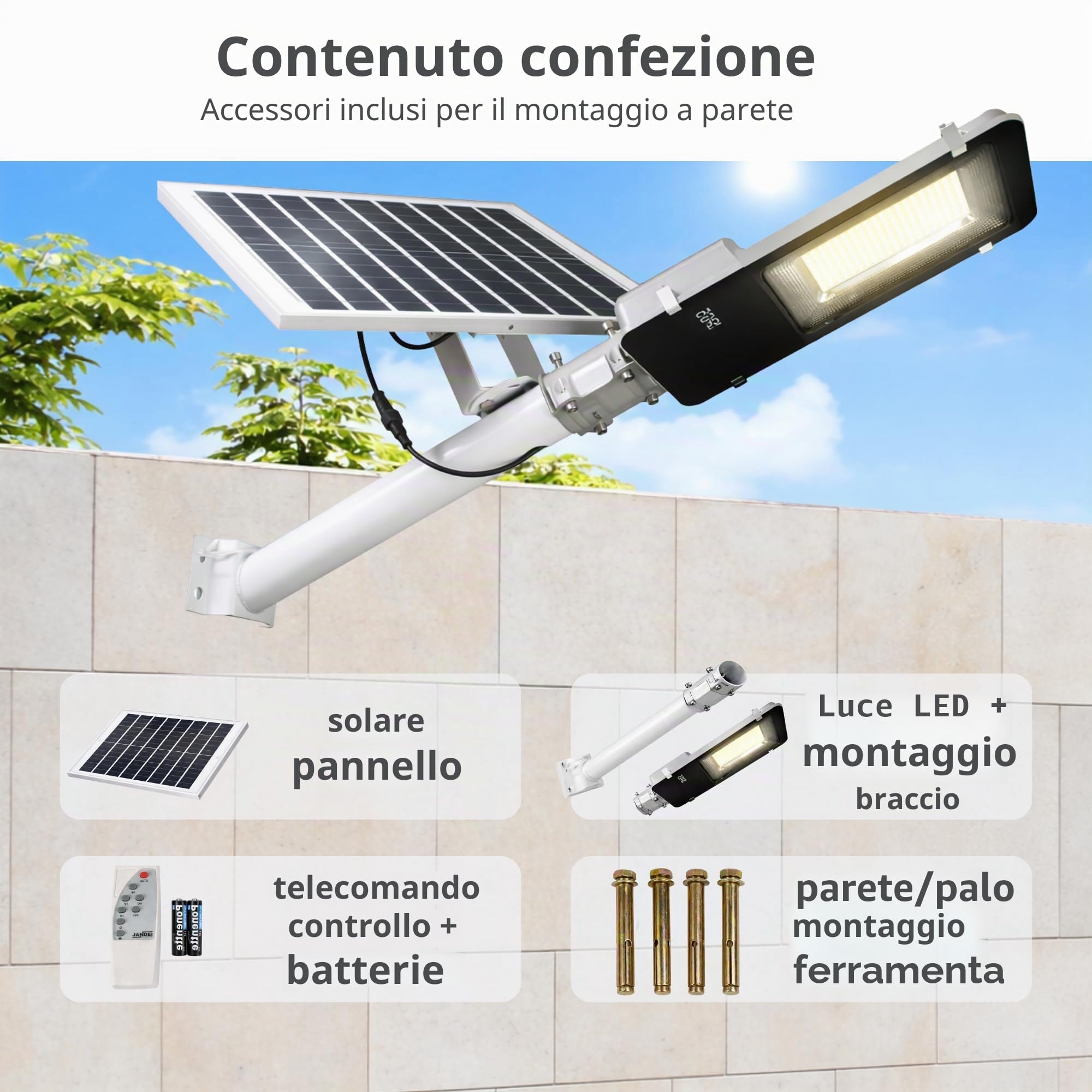 JANDEI - Lampione solare per esterni da 4000 lumen, impermeabile IP65, pannello solare e telecomando, luce bianca fredda 6000K, ideale per giardino, patio, vialetto e parete