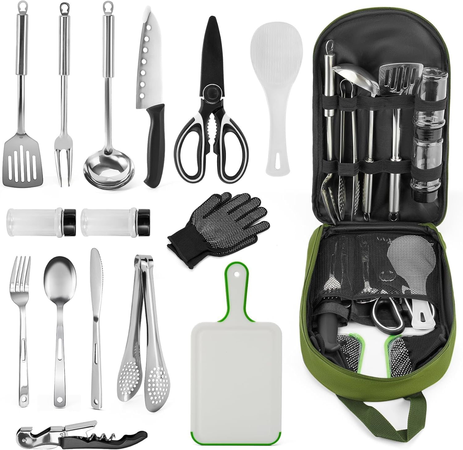 16-Piece Portable Camping Kitchen Utensil Set, Outdoor Cooking and BBQ Storage Travel Kit for Picnicking, RV, Hiking, Parties