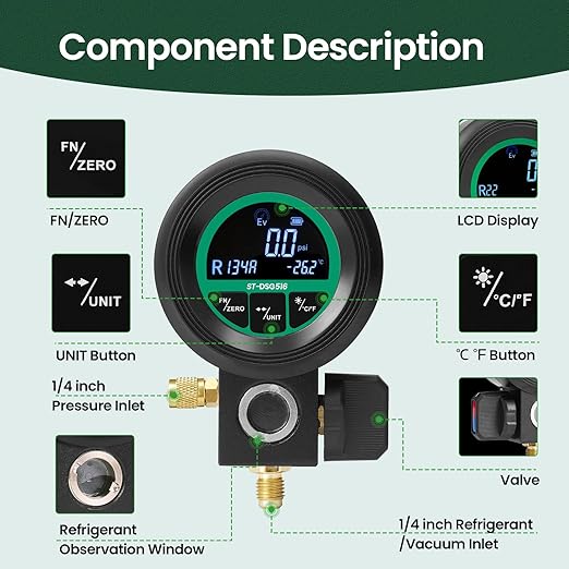 Manómetro Digital HVAC para Carga de AC, Compatible con R134A, R410A, R32 miniatura 3