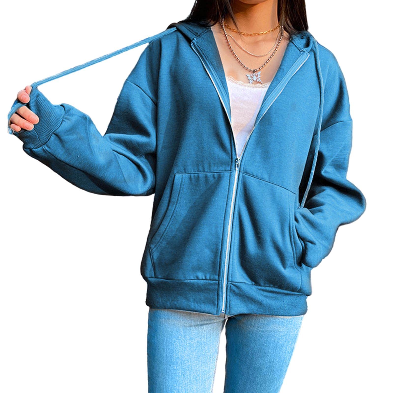 Women's Solid color Cotton Blend Zipper Hoodie Jacket loose Top Blue S-image-19