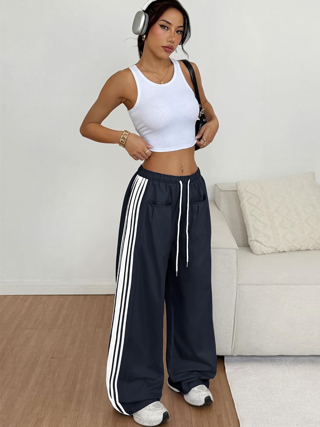 ZAFUL Women's Colorblock Straight Casual Pants Drawstring Slouchy Palazzo Pant Side Striped Lounge Trouser with Pockets - Image 6