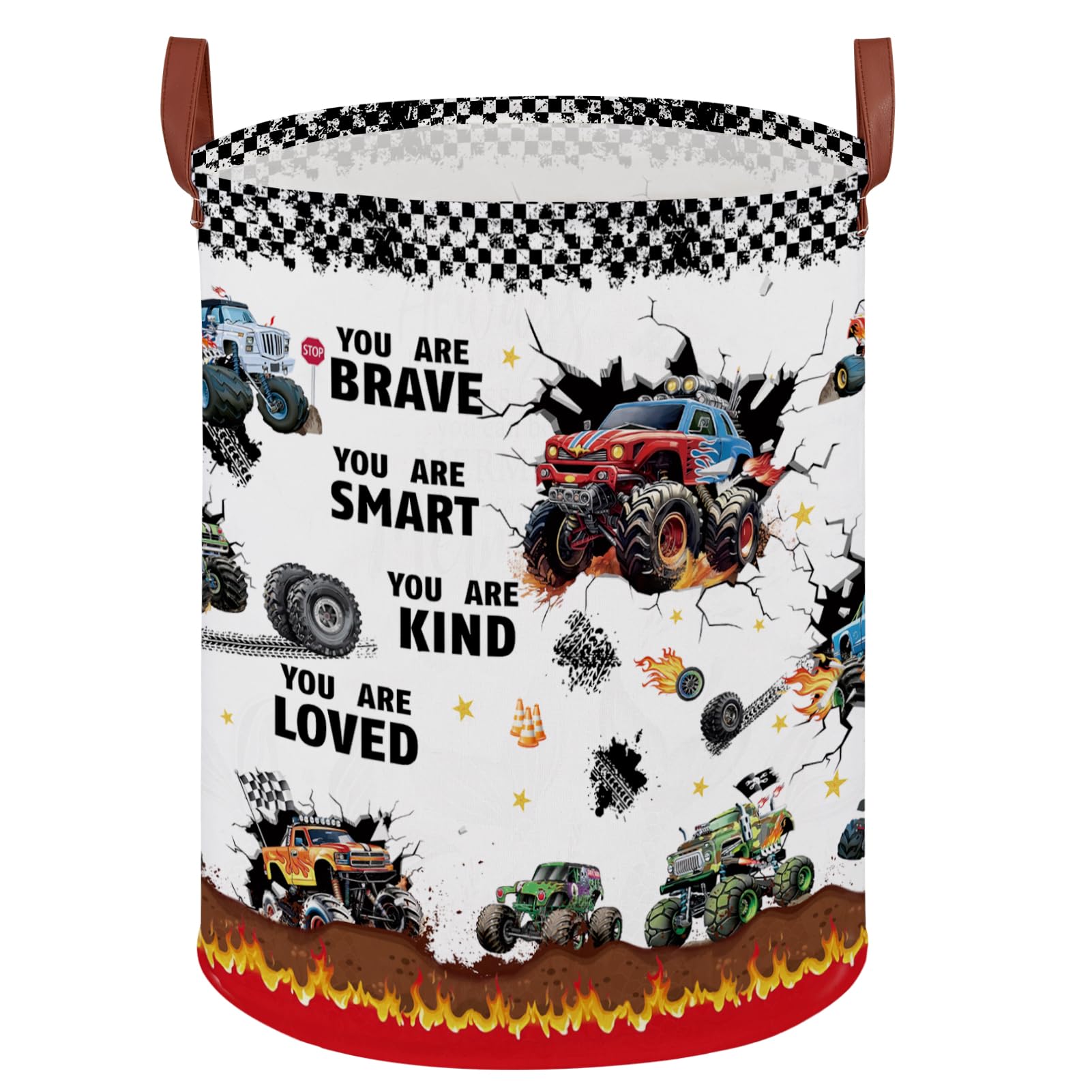 Monster Trucks Laundry Hamper Basket Kid Gift Toy Bin Empty Car Nursery Decor Hamper Rectangular Shelf Storage Basket Collapsible Clothes Book Organizer Bin for Boy (Monster Trucks-Fire)