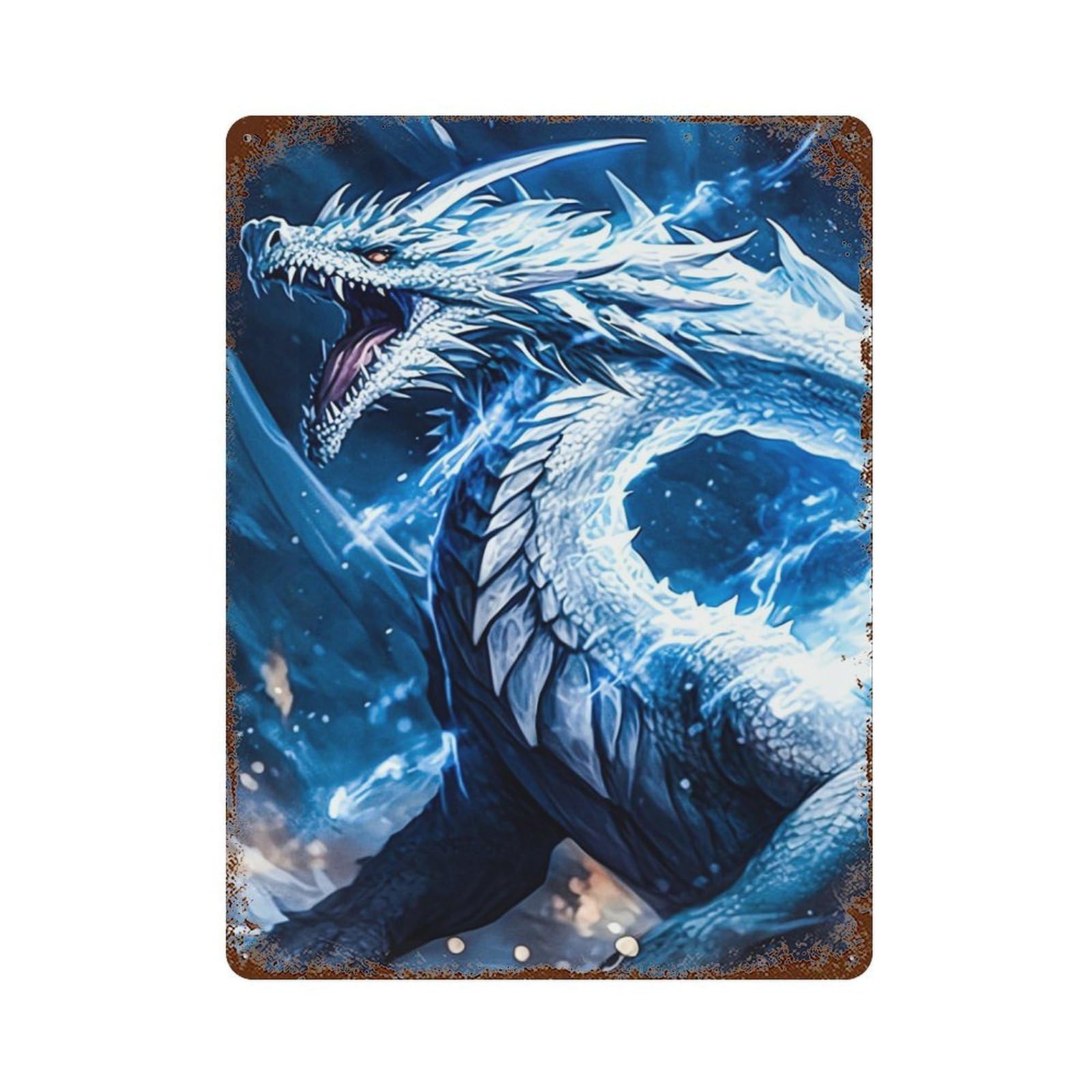 White Dragon Vintage Rust Metal Sign 15.7"x11.8", Farmhouse Wall Decor for Garage, Pub Or Kitchen