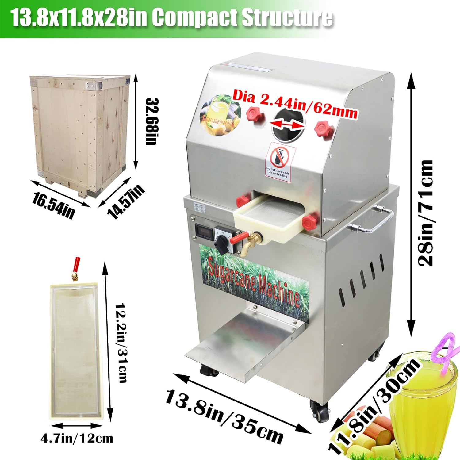 110V AC/24V DC Dual Power Sugarcane Juicer Machine 3-Roller Vertical Electric Sugar Cane Press with Transformer Commercial Stainless Steel Juice Extractor for Sugarcane Juice Shop Bar Home