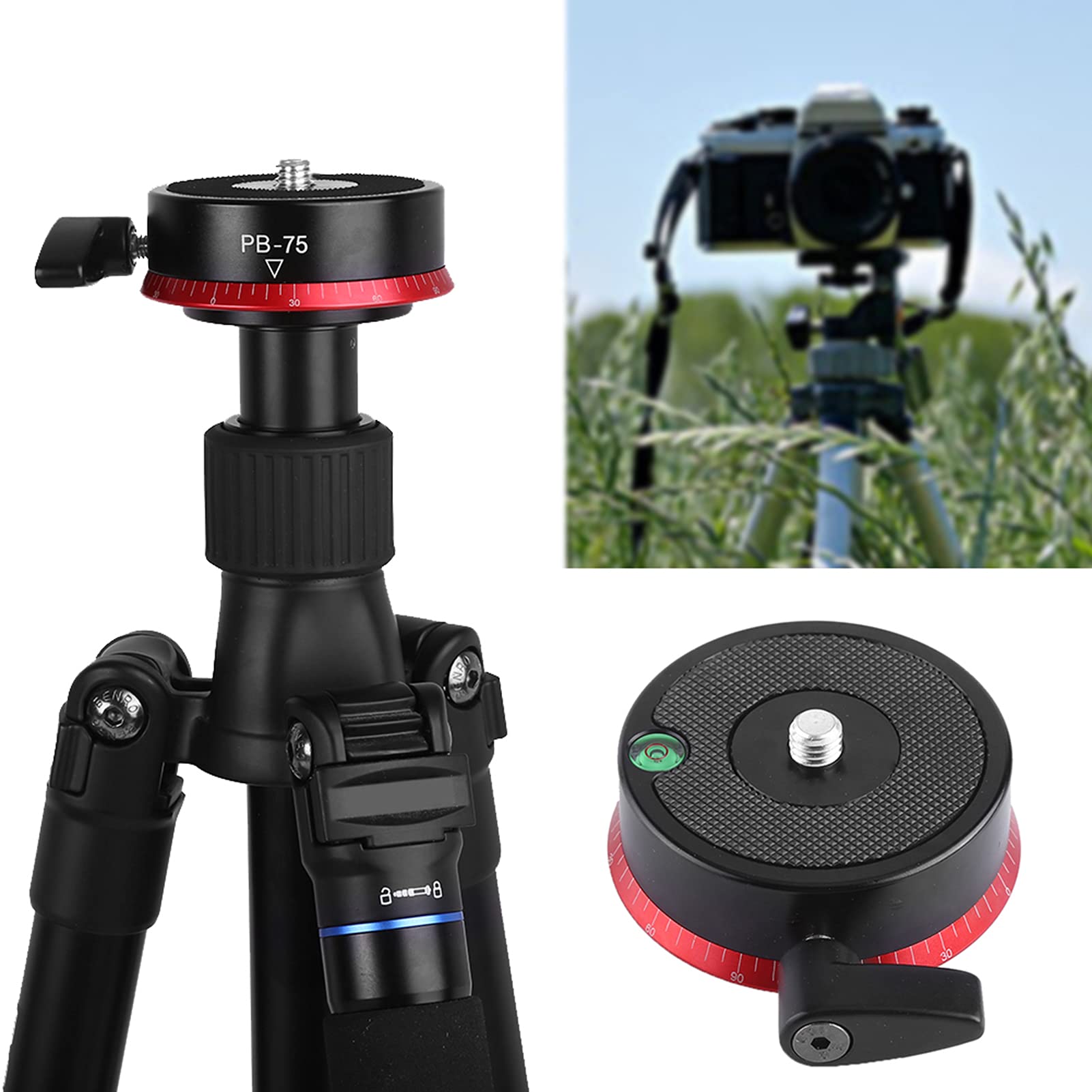 Jiawu Testa a Sfera Panoramica, Ripresa a 360° Testa Panoramica per Treppiede in Lega di Alluminio, per Treppiede con capacità di Carico di 10 Kg Livella a Bolla Vite da 3/8 Pollici per Fotocamere