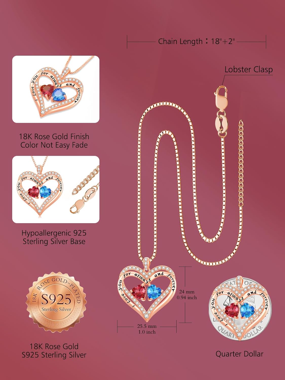 Heart Pendant Necklace I Love You for Always and Forever 12 Months Birthstone Necklace 18k Rose Gold Plated Double Heart Necklace Christams Valentine's Day, Mother's Day, Birthday - Image 5