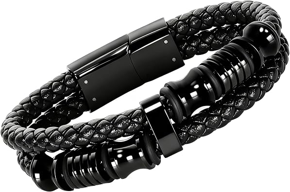 Mens Bracelet Fathers Gifts Day Jewelry for Men Black Braided Leather with Stainless Steel Charm Bracelets,Perfect for Wedding, Parties, and Everyday7.5/8.5/9 Inch