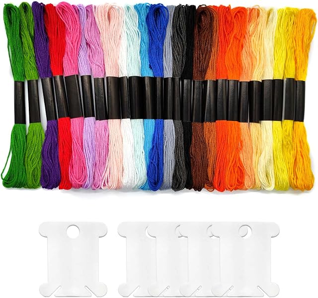 25 Skeins Embroidery Threads 6 Strands Embroidery Floss with 5 Winder Cards Cross Stitch Threads Friendship Bracelet Thread Rainbow Color Embroidery Skein for DIY Hair Wraps Crafts Sewing