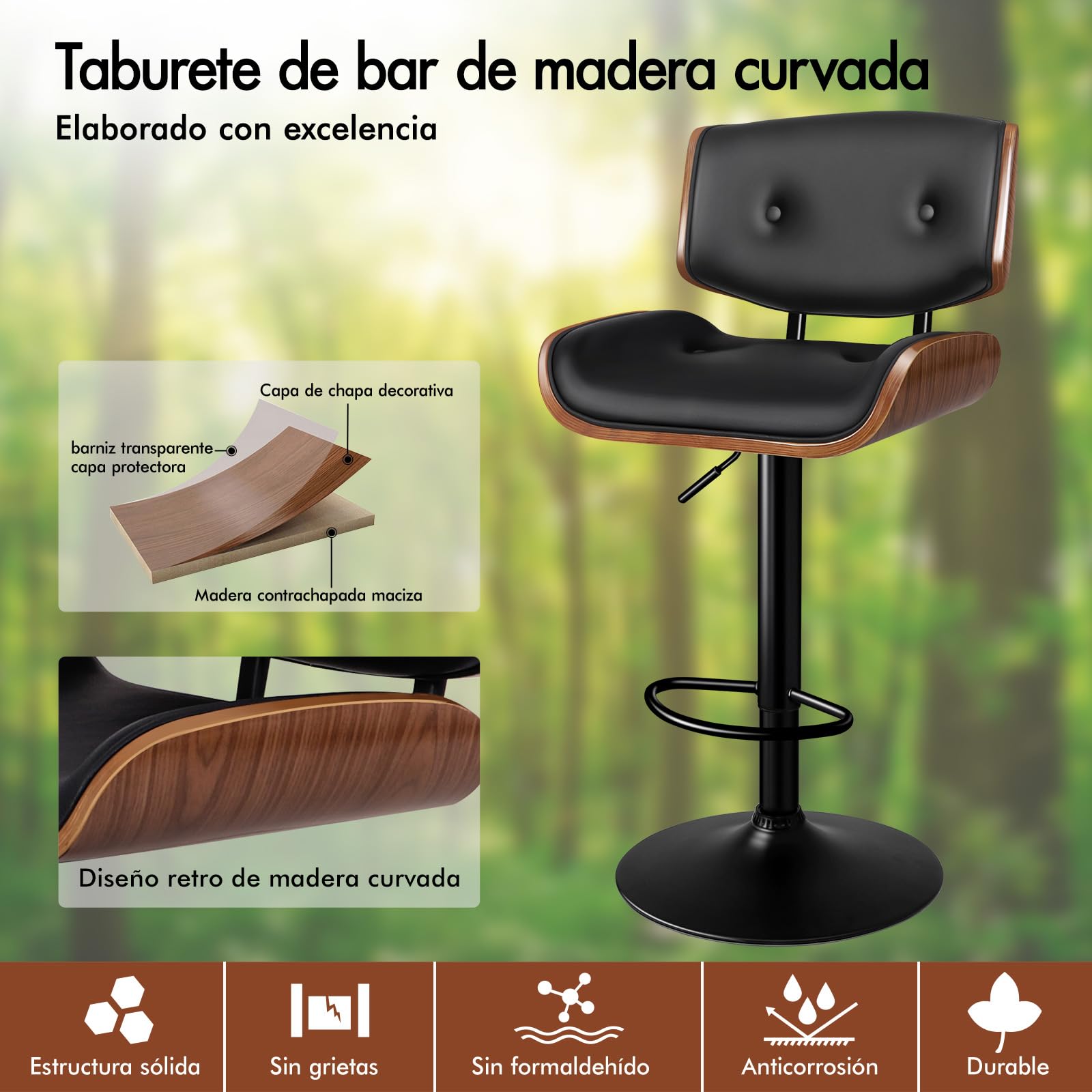 ALFORDSON Taburete de Bar, taburetes de Cocina giratorios con altura ajustable, Taburete de mostrador Odette de Madera, pistón de gas, Cuero PU abotonado, Negro