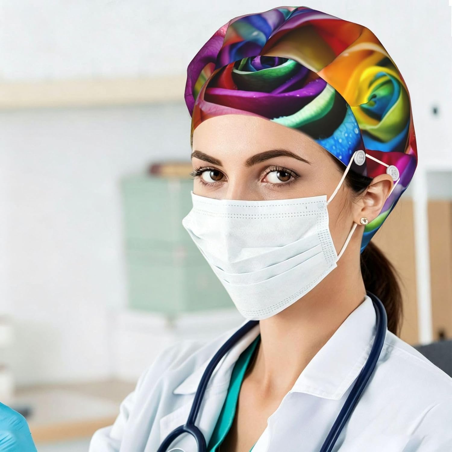 Rainbow Rose Bouffant Cap with Buttons, Sweatband Cap