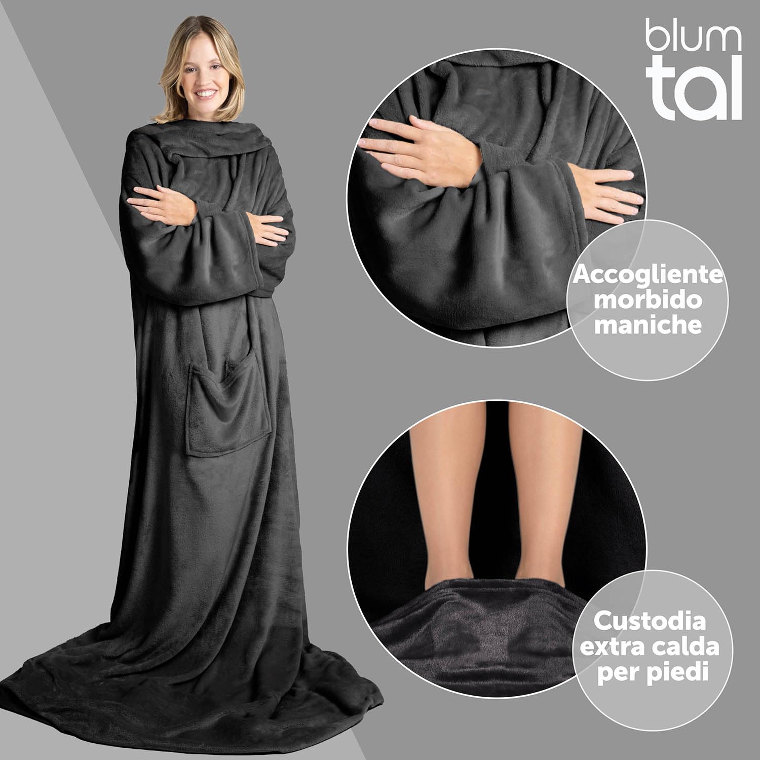 Blumtal Coperta con Maniche Donna con Pratiche Tasche - Plaid con Maniche e Tasca per i Piedi - Plaid Pile Morbido e Caldo - Certificata OEKO-TEX - 170X200cm, Antracite