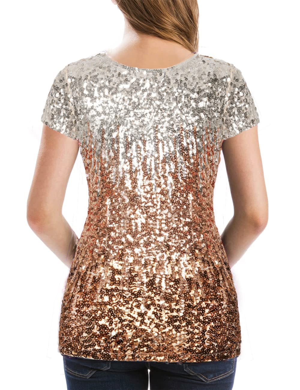 MANER Women’s Full Sequin Tops Glitter Party Shirt Short Sleeve Sparkle Blouses S-4X