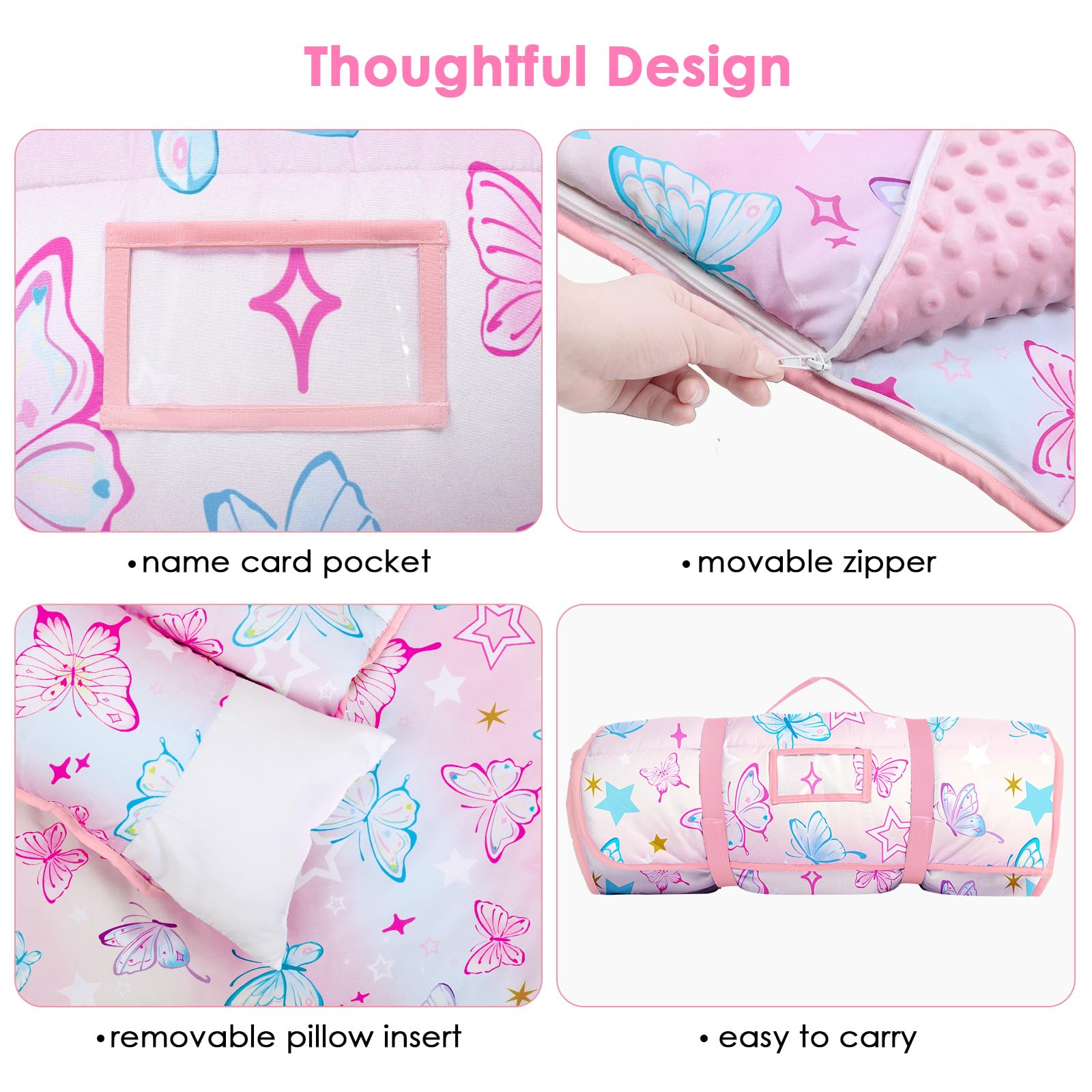 Decalsweet Nap Mat per Bambini con Cuscino e Coperta Rimovibili, Grande Extra Spesso 2 in 1 Sacco a Pelo Pieghevole per Ragazze Ragazzi, Leggero e Morbido Nap Mats per Asilo Nido e Campeggio