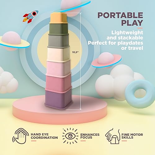 Miniatura 5 de QOOB SPIN Juego de 7 tazas apilables para bebé, tazas cuadradas de silicona para anidar, juguetes Montessori para bebés, bloques apilables para