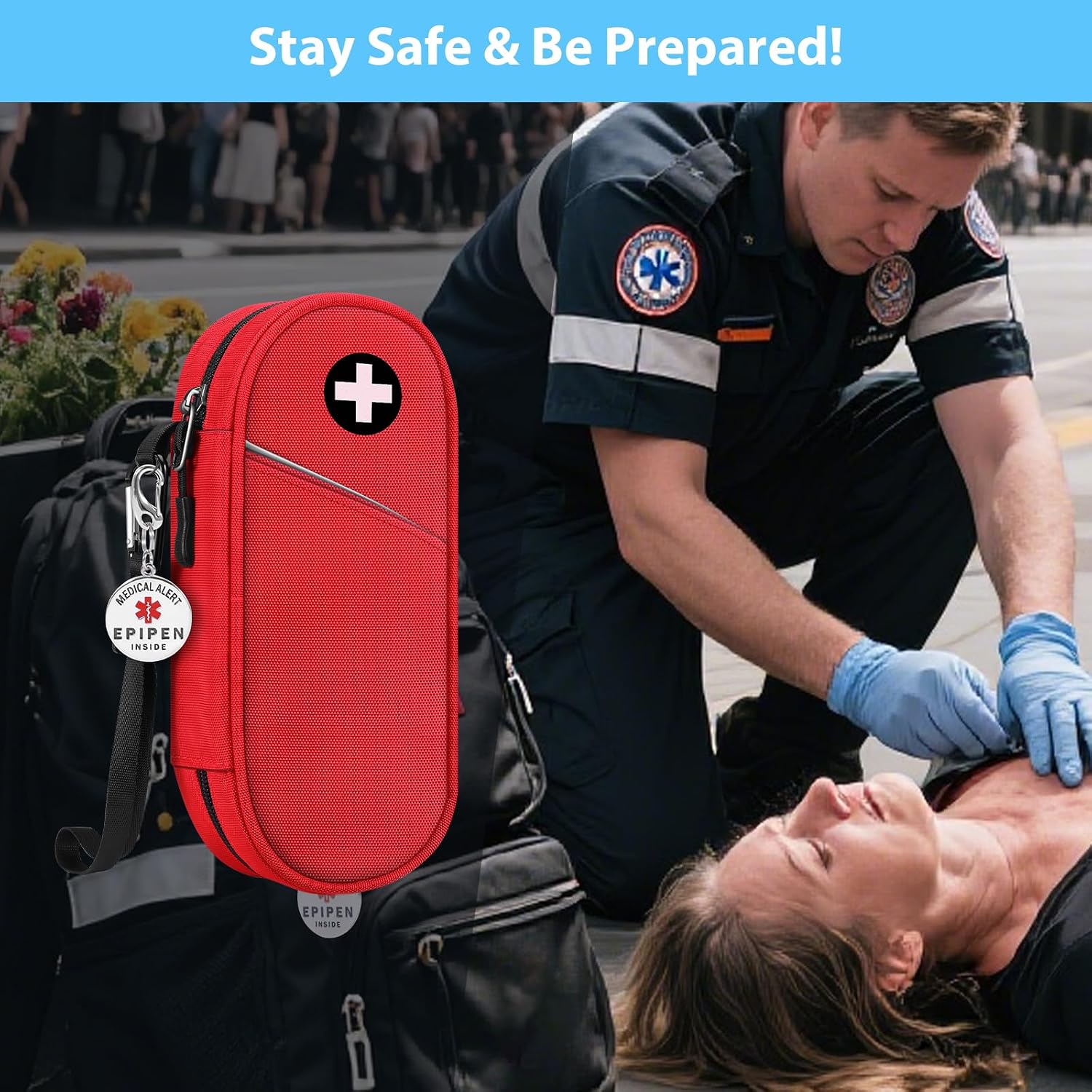 SITHON EpiPen Medical Carrying Case Insulated with Medical Alert Tag, Travel Medication Organizer Bag Pouch Holds 2 EpiPens, Asthma Inhaler, Anti-Histamine, Auvi-Q, Allergy Medicine Essentials (Red)