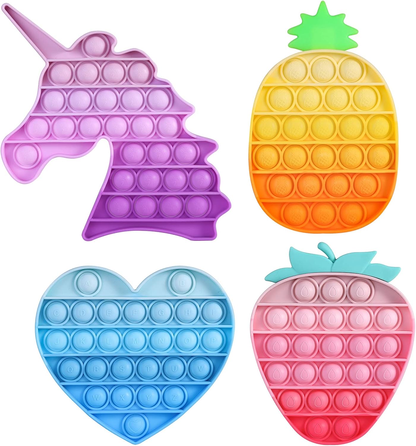 HiUnicorn 4 Pack Poppers Pop Sound Fidget Toys Gifts for Girls, Rainbow Unicorn Push Bubble Popping Game Toy, Macaron Pineapple Strawberry Fruits Sensory Toys (Yellow+Pink+Blue+Purple)
