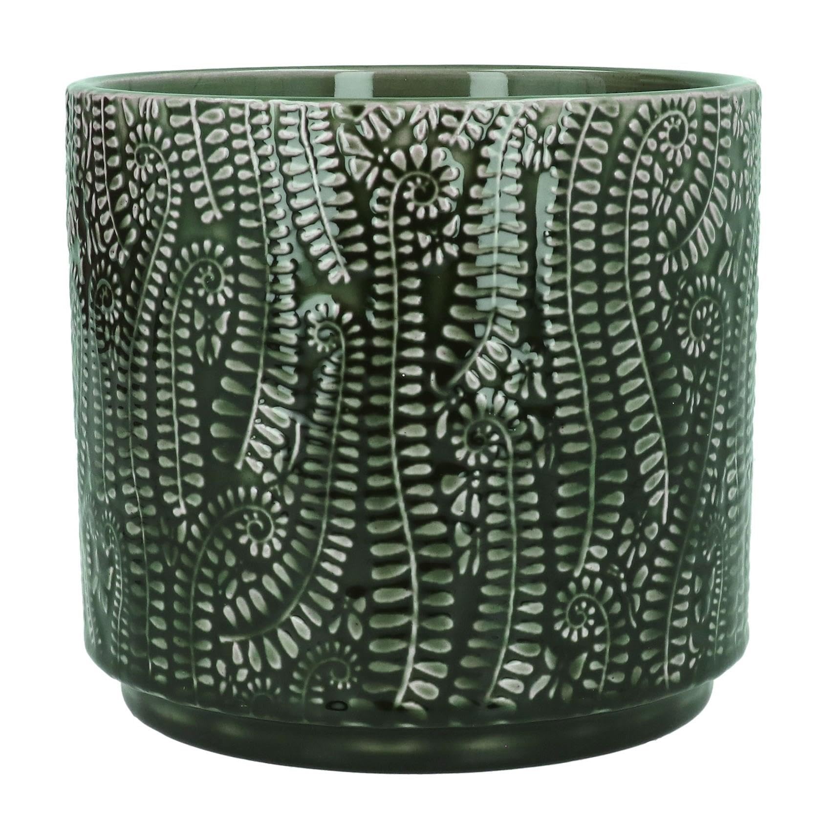 Large Dark Green Plant Pot, Large Green Fern Leaf Pattern Plant Pot Cover, Indoor Glazed Boho Pattern Houseplant Succulent Planter