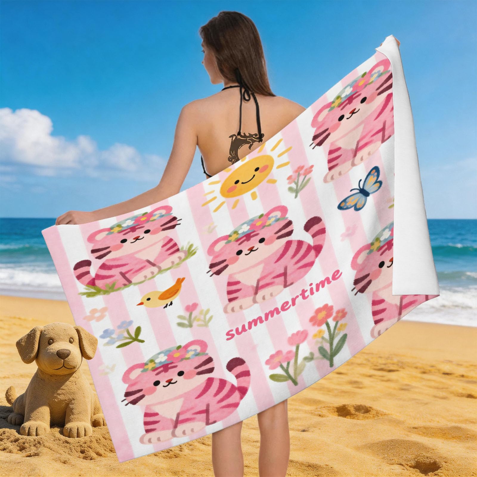 Leichong Men's Pink 3D Cute Tiger Beach Towel Microfiber Soft Quick Dry For Adults, Cute Tiger Bath Towel Lightweight Soft Absorbent For Travel Swimming Pool Sports, 75 X 150 Cm